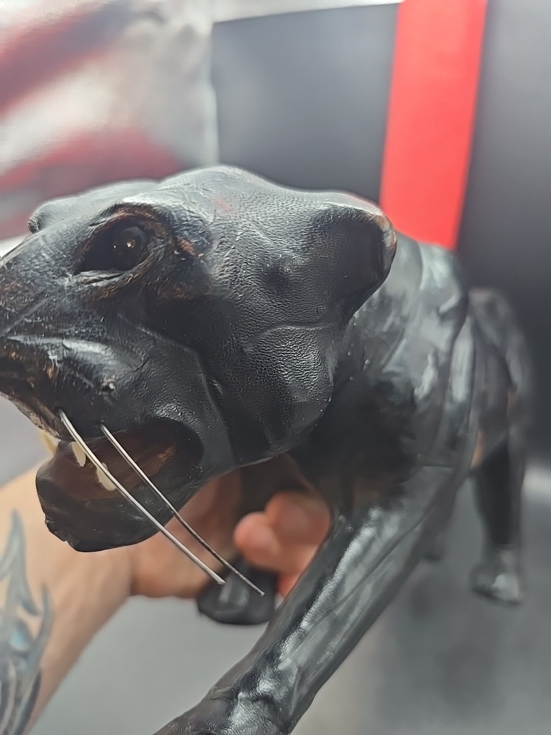 Black Leather Paper mache Panther Jaguar 15″ Glass Eyes Vintage