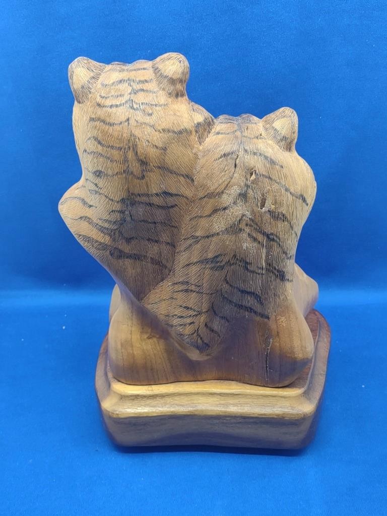 Vtg Wood Carving Bust Pair of Tigers Hardwood on Base 10″ Big Cats Jungle 2003