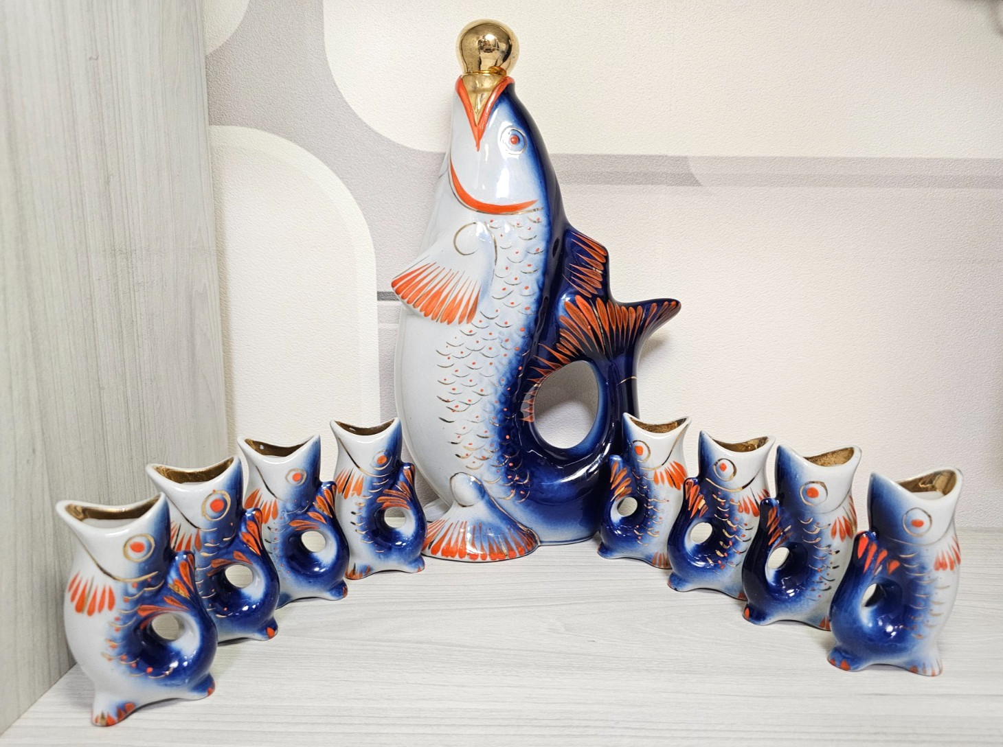 Soviet USSR Ukrainian Porcelain Fish Decanter and 8 Shot Glasses Polonnoye 700ml
