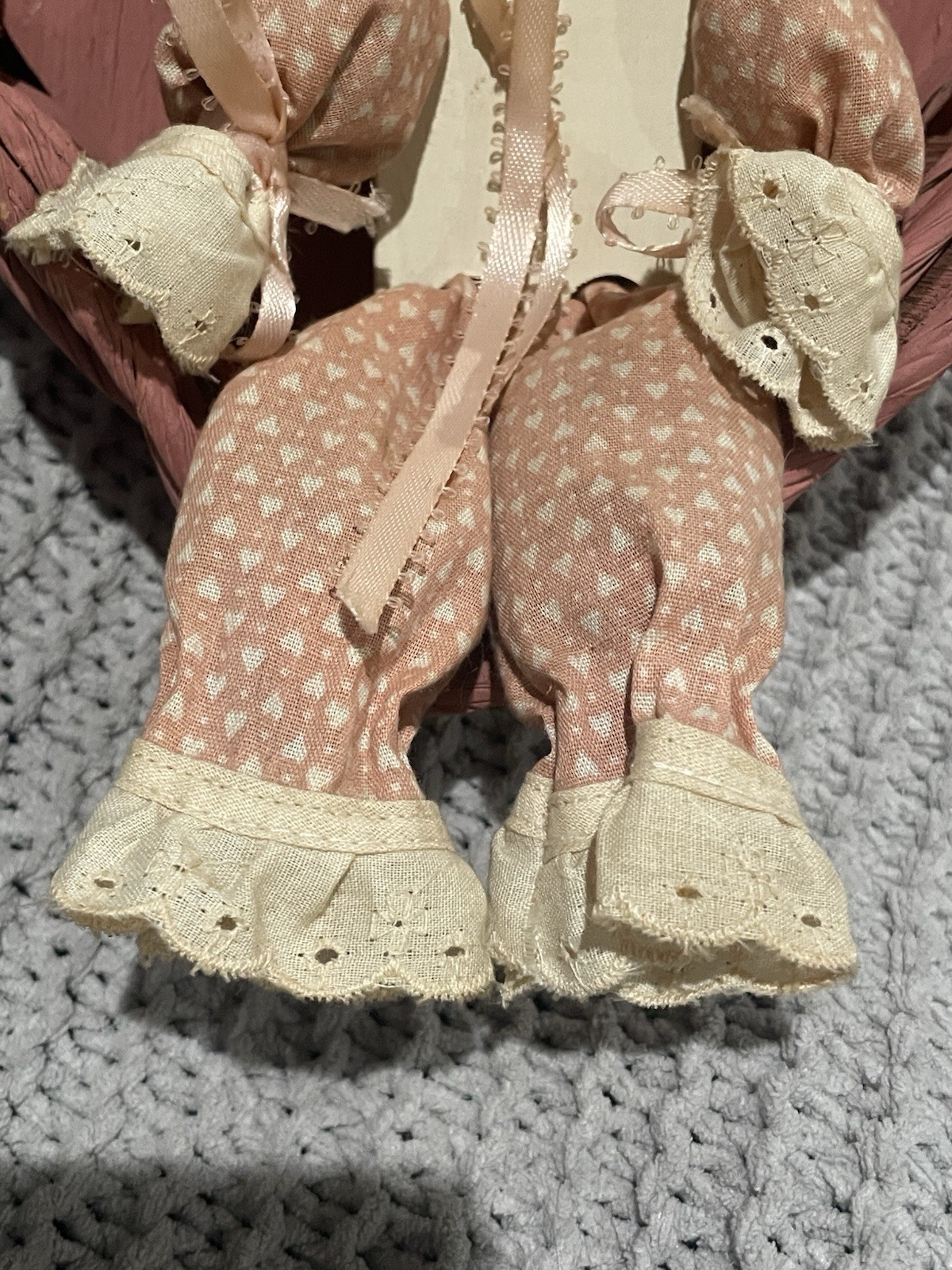 Pink Wooden Heart Shelf Sitter W/ Rag Doll Cottage Core Decor Vintage Country