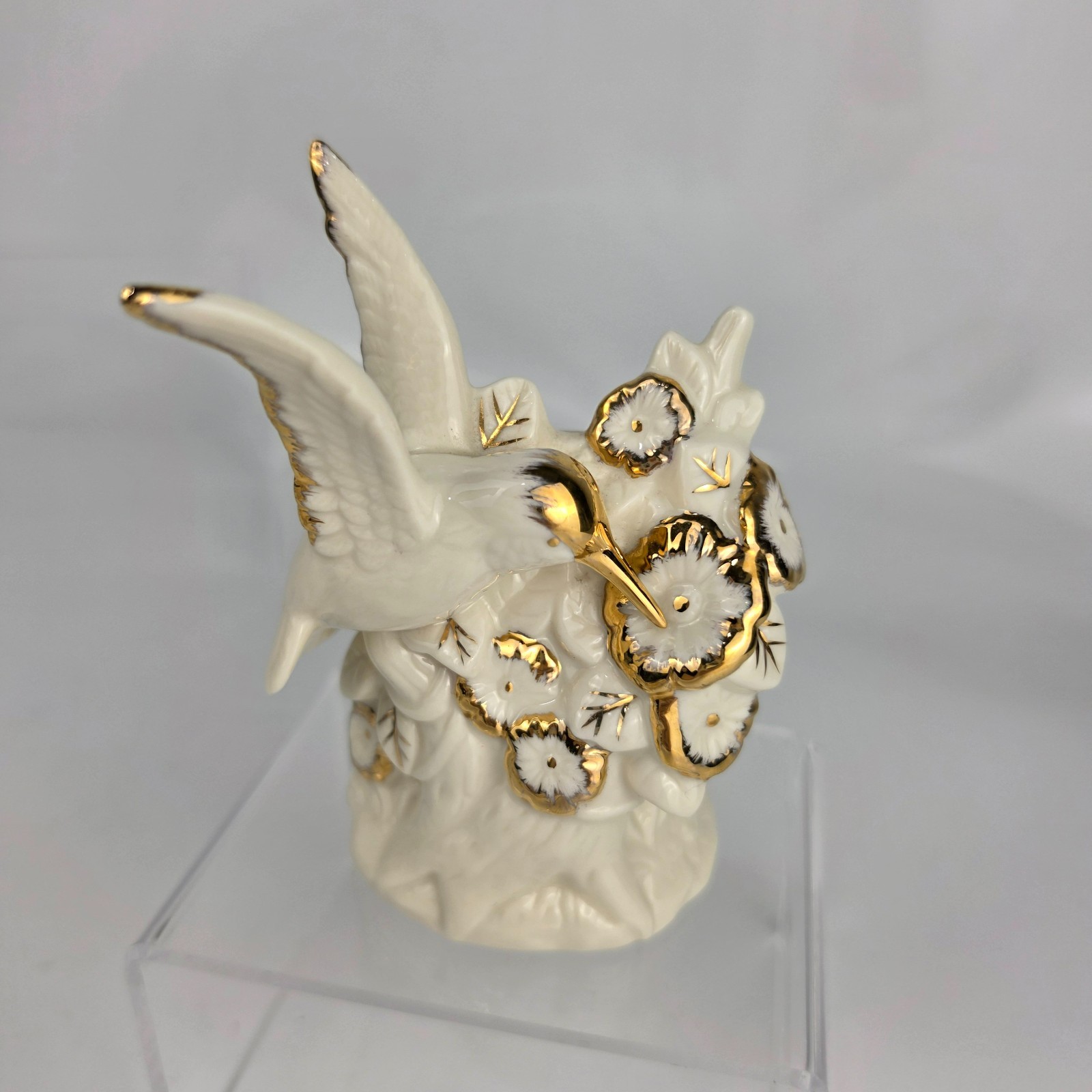 Lenox-Style Ivory Porcelain Hummingbird Figurine Gold Accents Flowers Branch