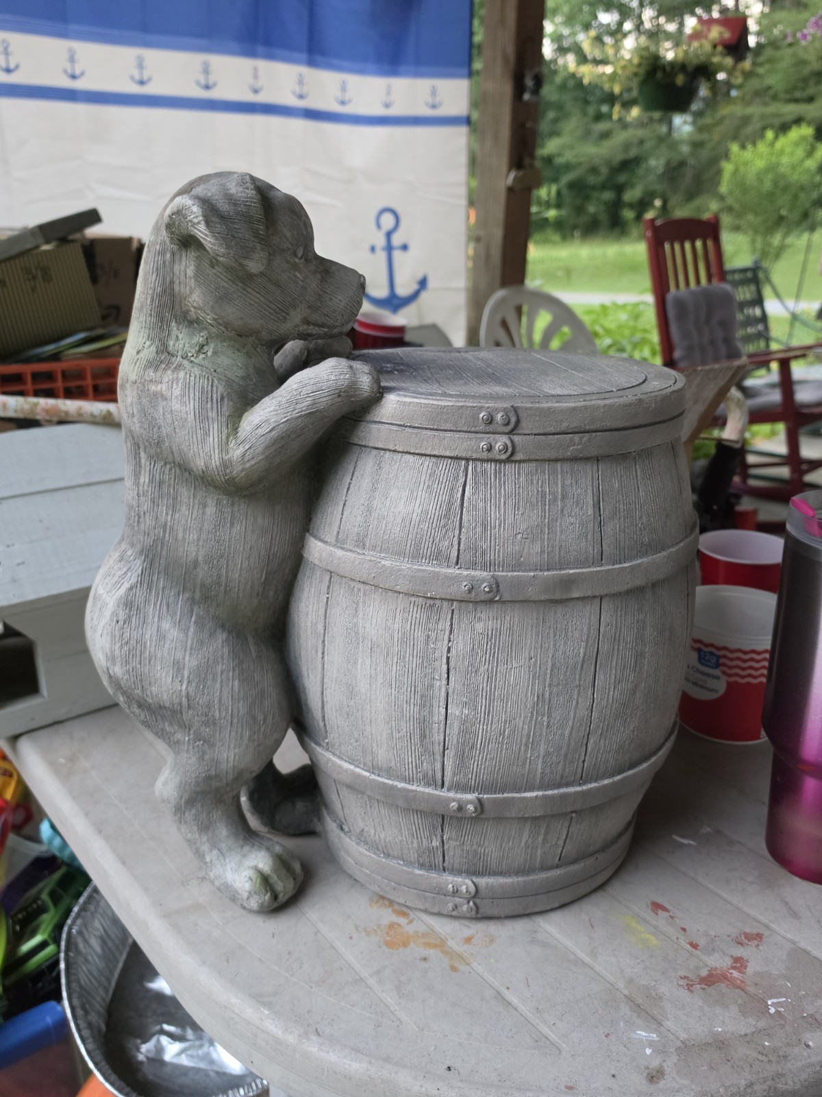 Gray Resin Dog Figurine Holding Barrel, Matte Finish 3D Effect Sculpture