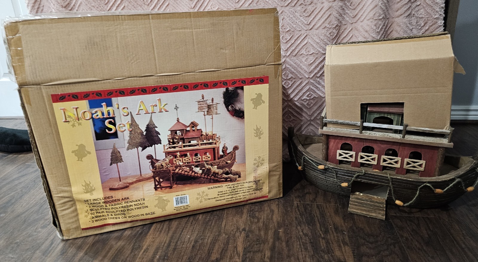 Large Noahs Ark Set Wooden Ark 20 Resin Animals 23″ X 8″ X 16″ New Open Box