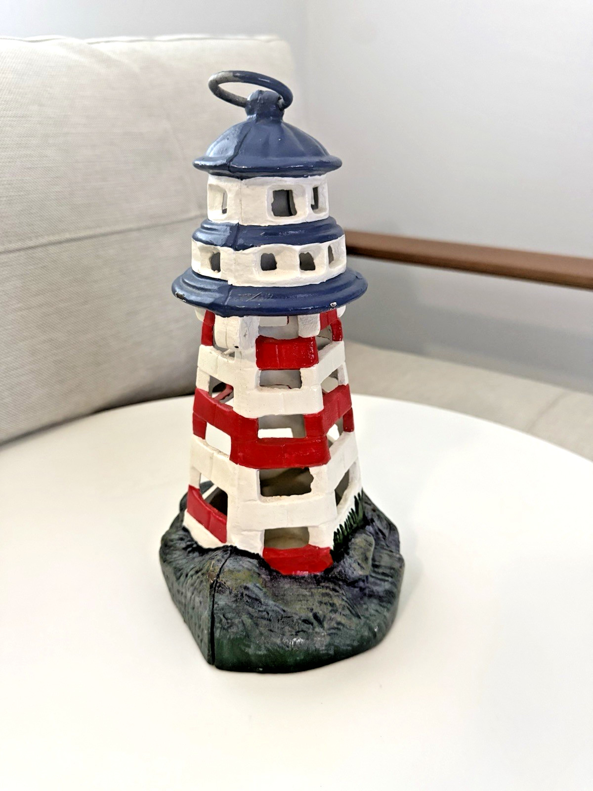 VTG Cast Iron Lighthouse Candle Holder Door Stop 10.5” H Wht,Red Stripe Nautical