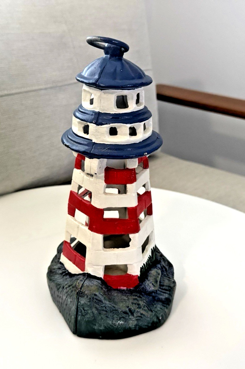 VTG Cast Iron Lighthouse Candle Holder Door Stop 10.5” H Wht,Red Stripe Nautical