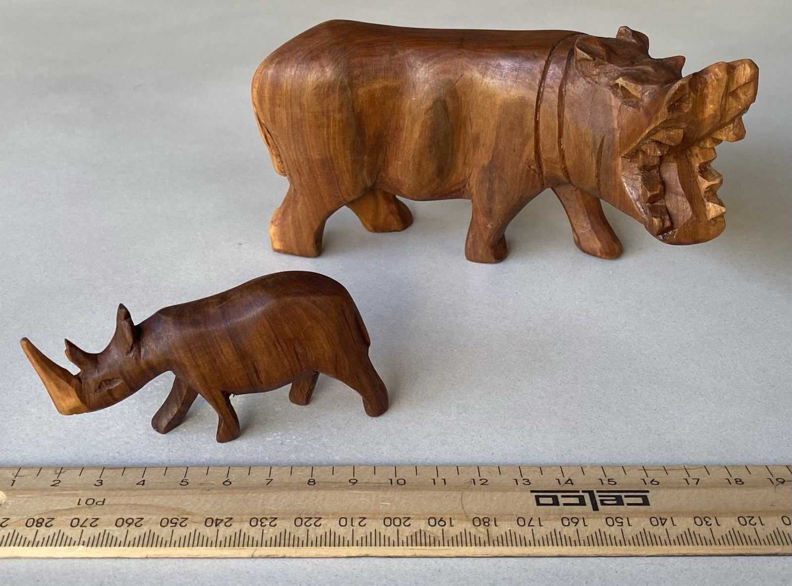 Carved Solid Timber Vintage Wildlife Figurines Hippo 15cm & Rhino 9cm