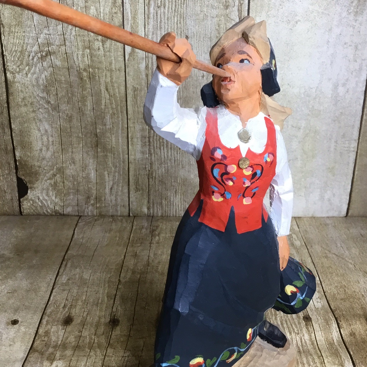 Vintage Henning Carved Wood Horn Player Girl Figurine Norway Folk Art 8″ Figure