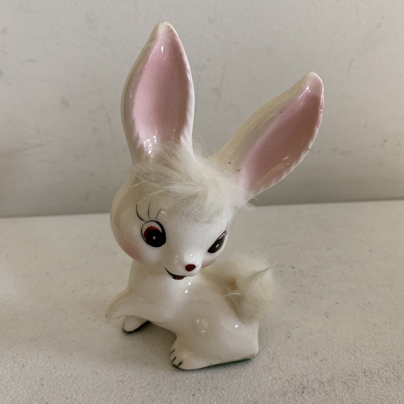 Vintage Ceramic Norcrest Japan Bunny Rabbit Figurine 1950s w Fur On Head & Tail