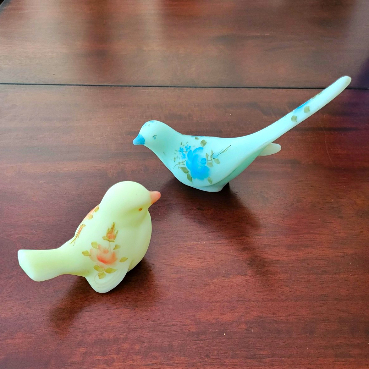 Hand Painted Milk Glass Floral Bird Figurines Set of 2 Signed, Yellow And Blue