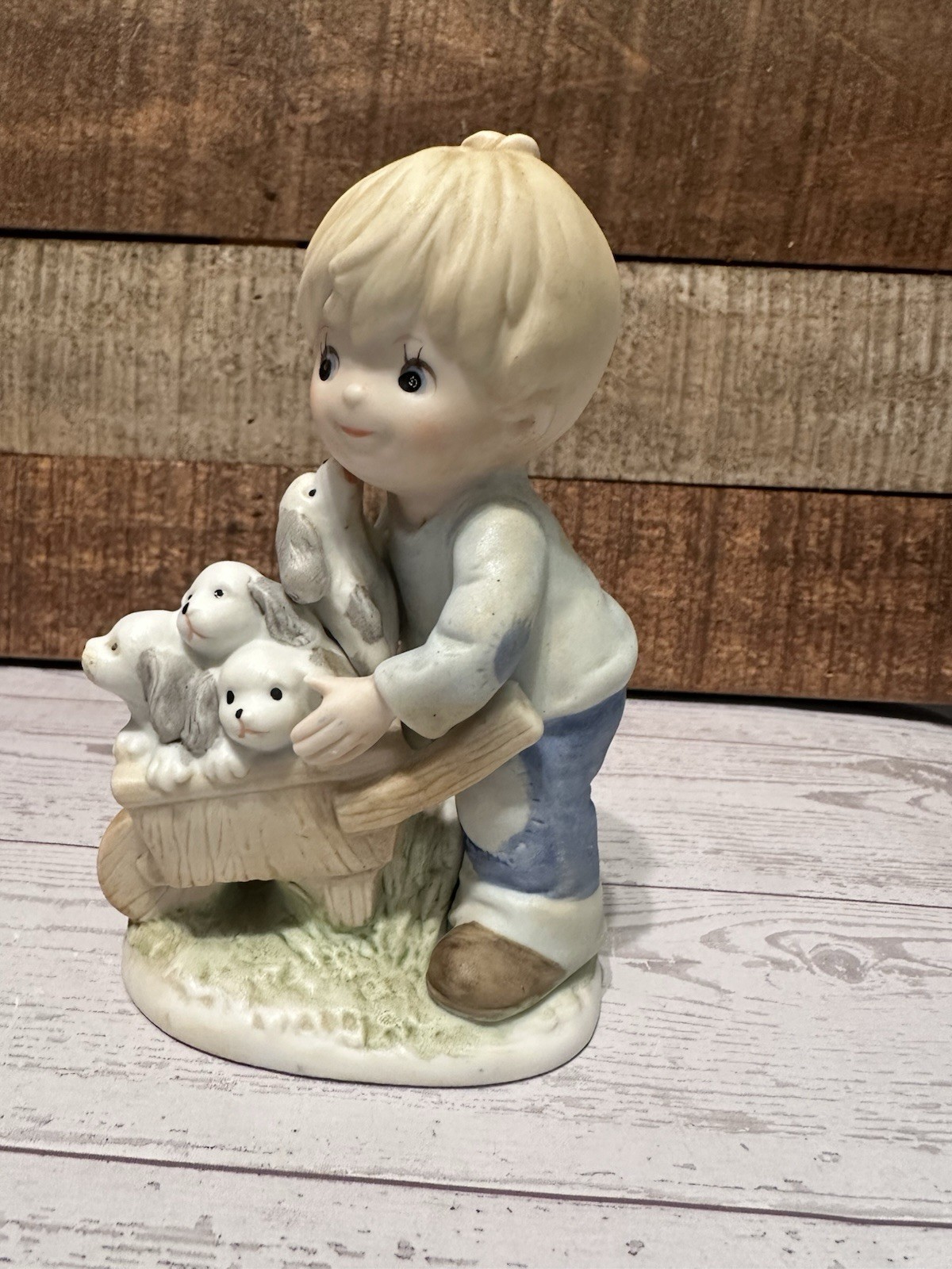 Homco Figurines Girl with Kittens & Boy with Puppies In Wagon #1402