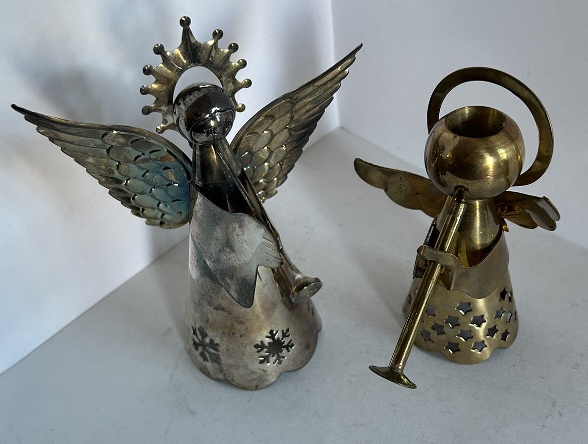 2 Metal Christmas Angel Figurines Playing Horns 6” Brass 7” Silver Plated