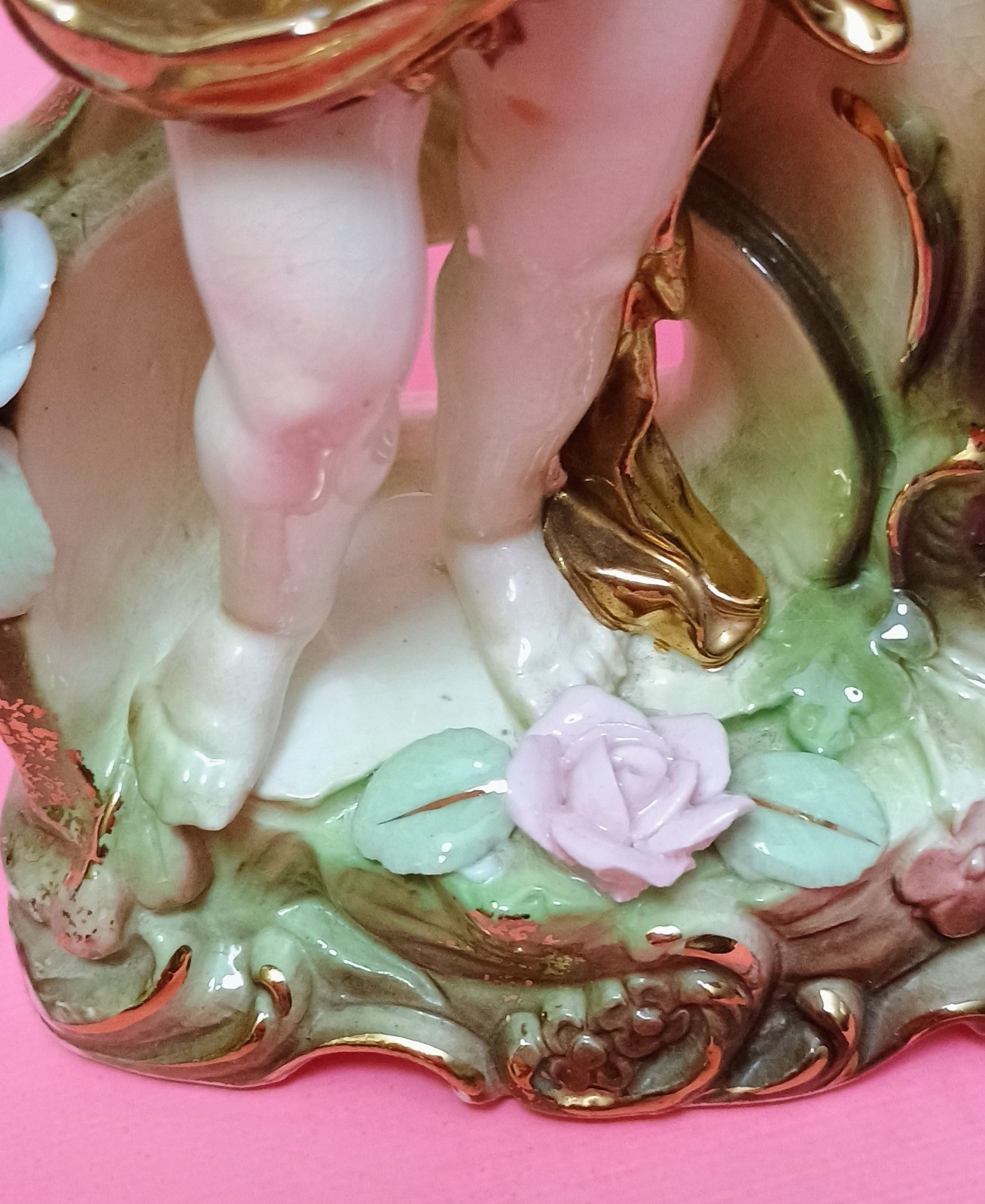 Vintage Bisque Cherub Putti Figurine Vase Hand Painted Porcelain Japan