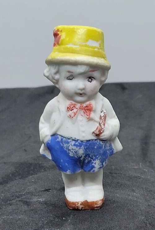 Bisque Doll 2 3/4″ Made in Japan Vintage Man Boy Yellow Hat White Waistcoat Pipe