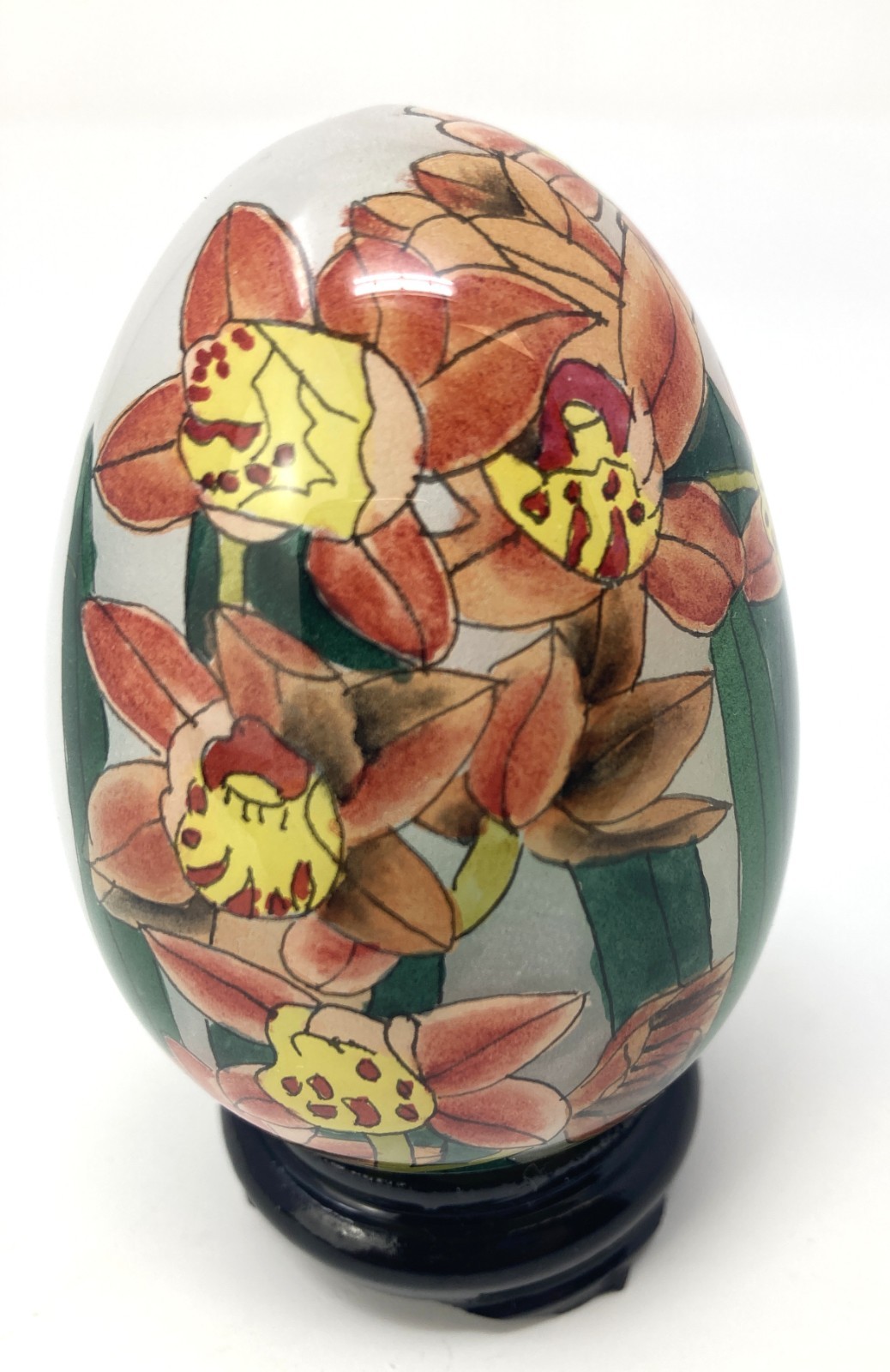 Vintage Li Bien Reverse Hand Painted Glass Egg Lily Flowers w/ Stand 1990s