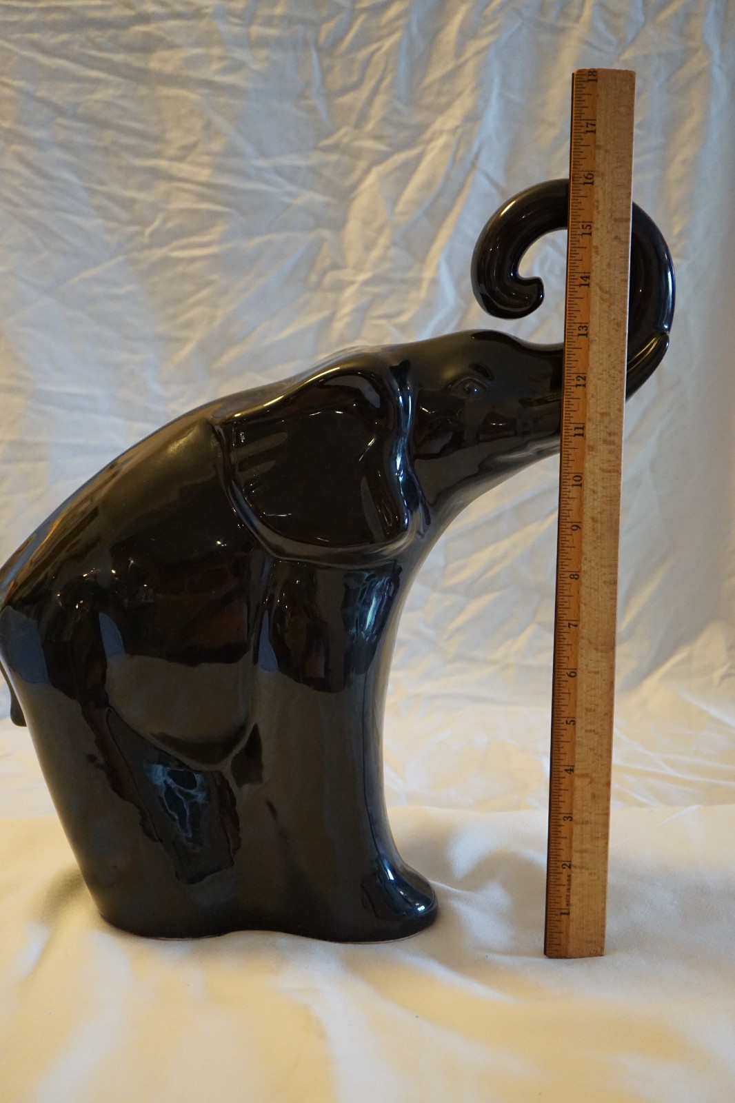HAEGER LARGE CERAMIC SHINY BLACK ELEPHANT STATUE 17″ TRUNK UP #450