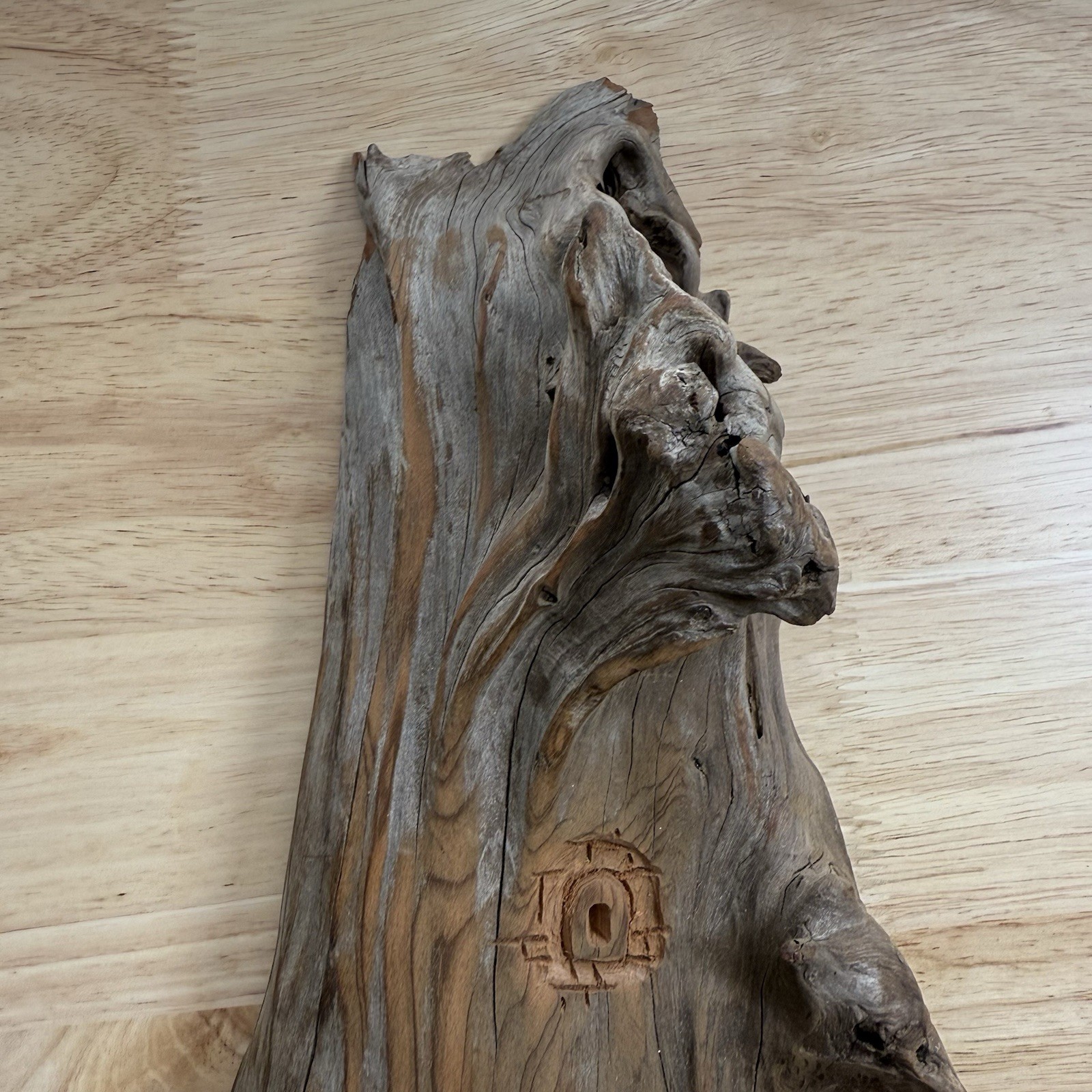Hand Carved Driftwood Bark Fairy House Door Signed Wall Hanging VTG Leaich 1988