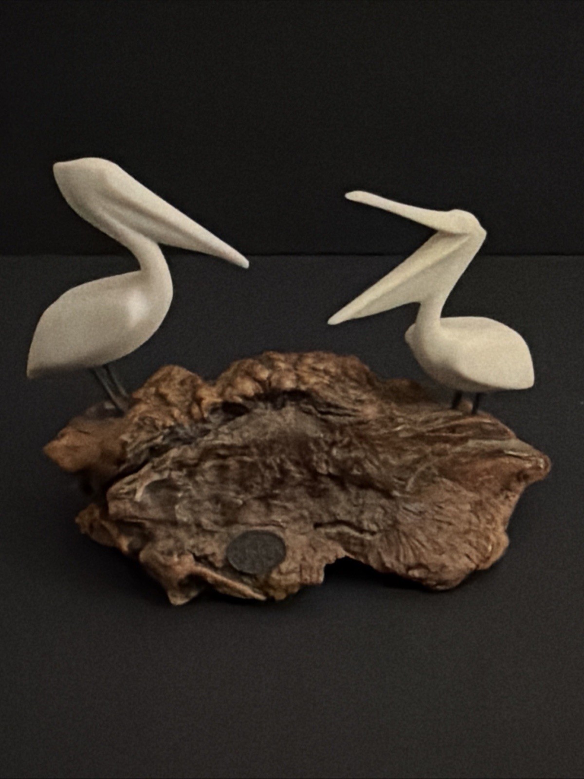 John Perry Pelican Sculpture Burlwood Base Vintage Wildlife Art Pair Sea Decor