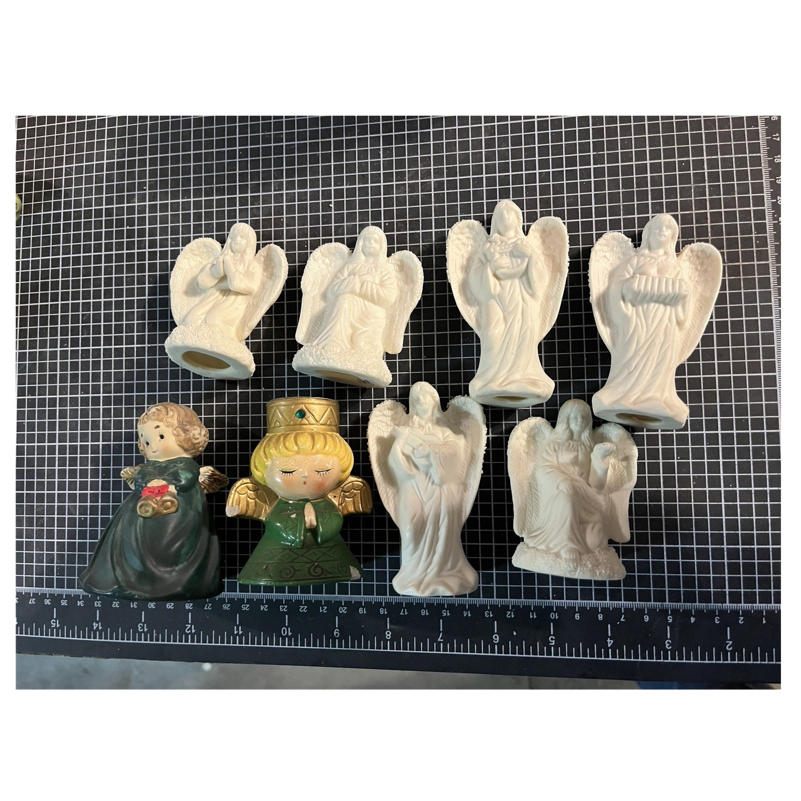 Ceramic Angel Figurines Lot of 8, White/Green/Gold/Red Religious Theme, 3-5”