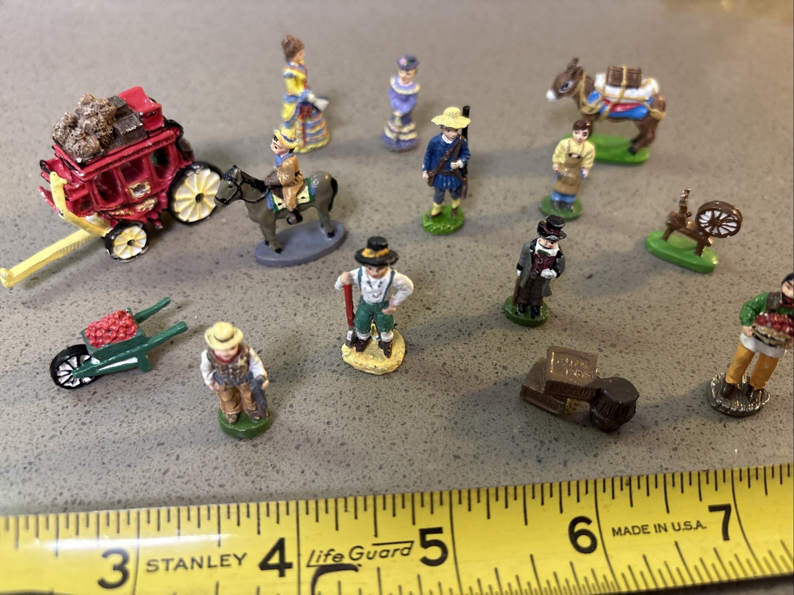 Vintage Lot 14 IRS98 Cast Iron Mini Figures Farming Shop Keeper Lady Stage Coach
