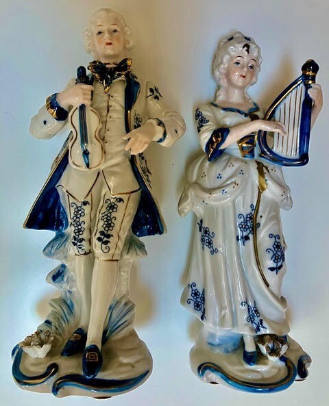 Antique Porcelain Blue, White & Gold Gild Victorian Figurines.