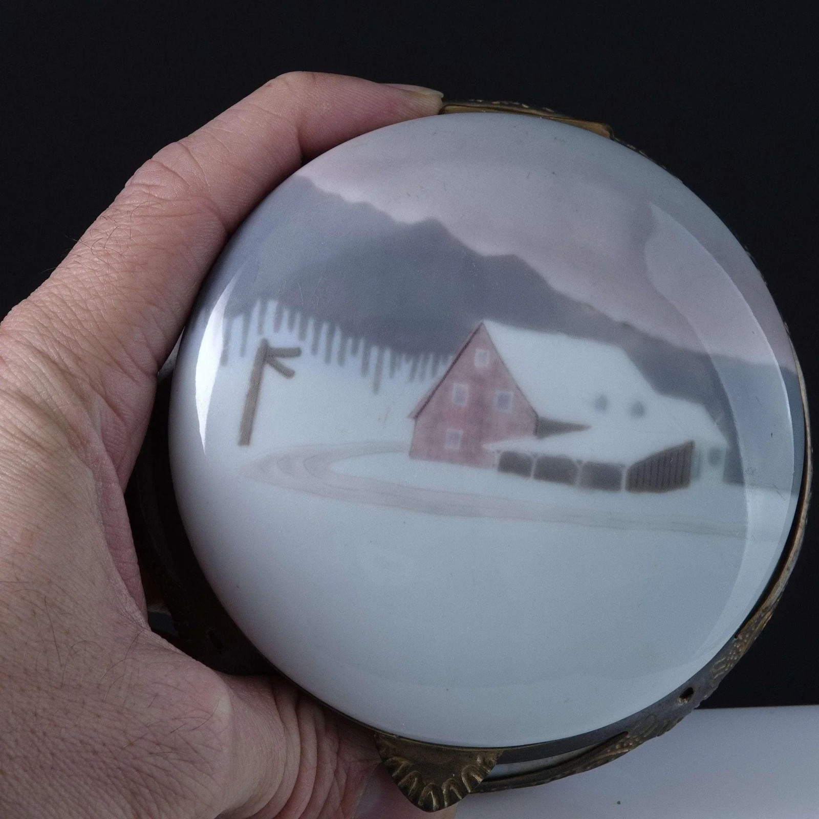 c1920 Mounted Porcelain Dresser Box hand painted under glaze
