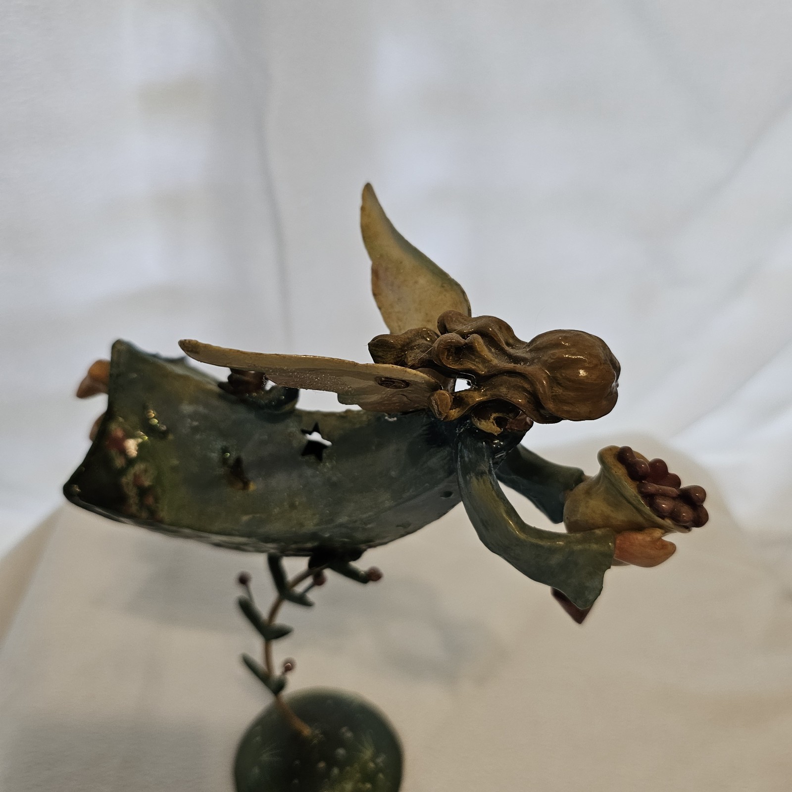 Seed Fairy Statue Metal Painted Angel Blues And Greens 7×8 In.