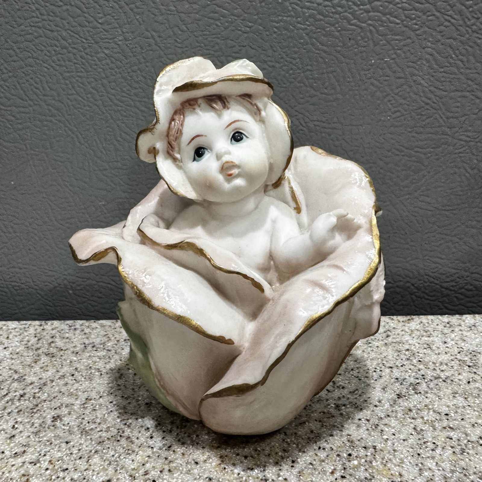 Vtg Cherub Angel Baby Nestled in Rose Flower Porcelain Figurine 4” Whimsical VGC