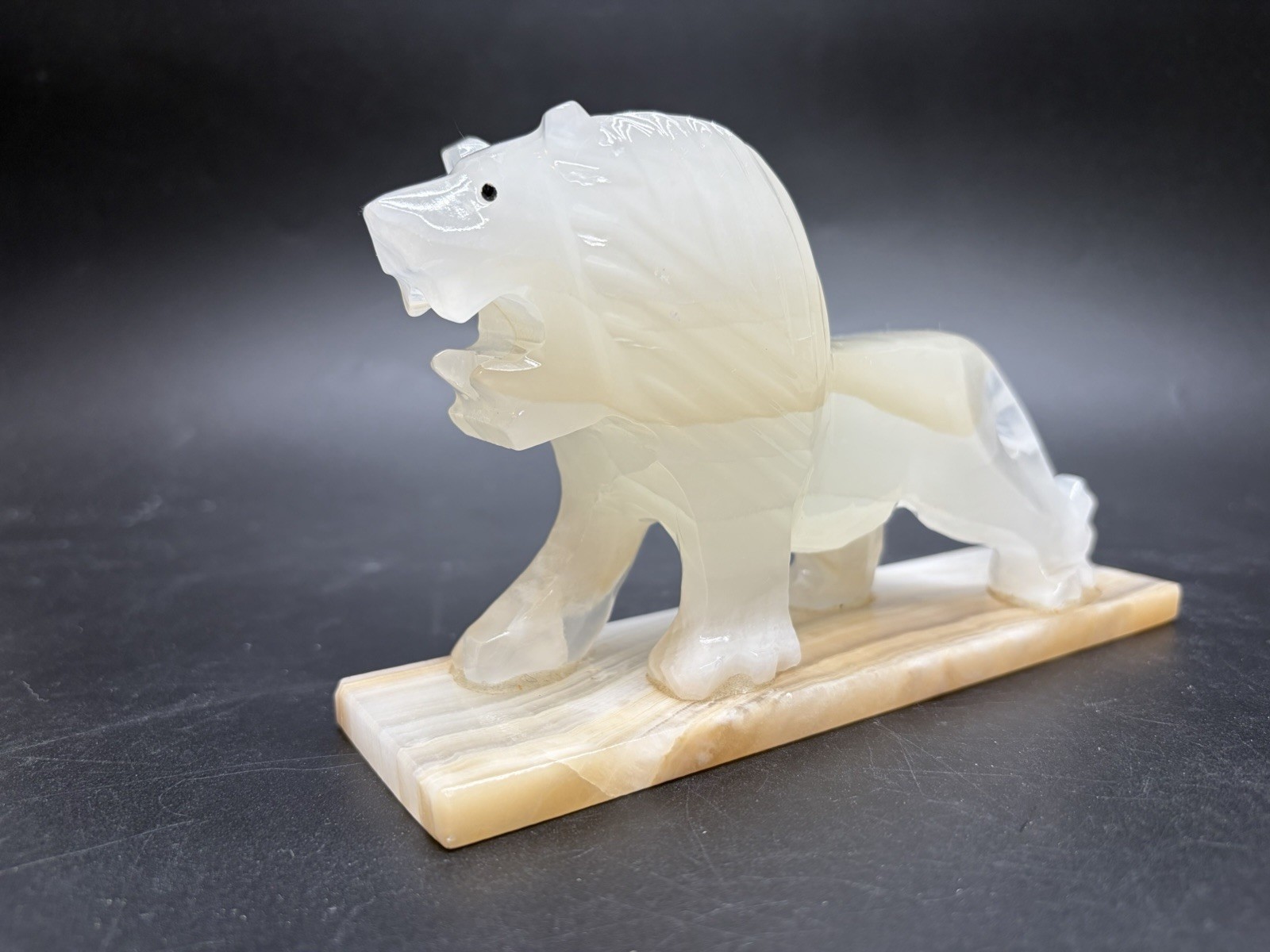 Vintage Hand Carved Art Deco Style Onyx Stone Lion On Onyx Base Sculpture