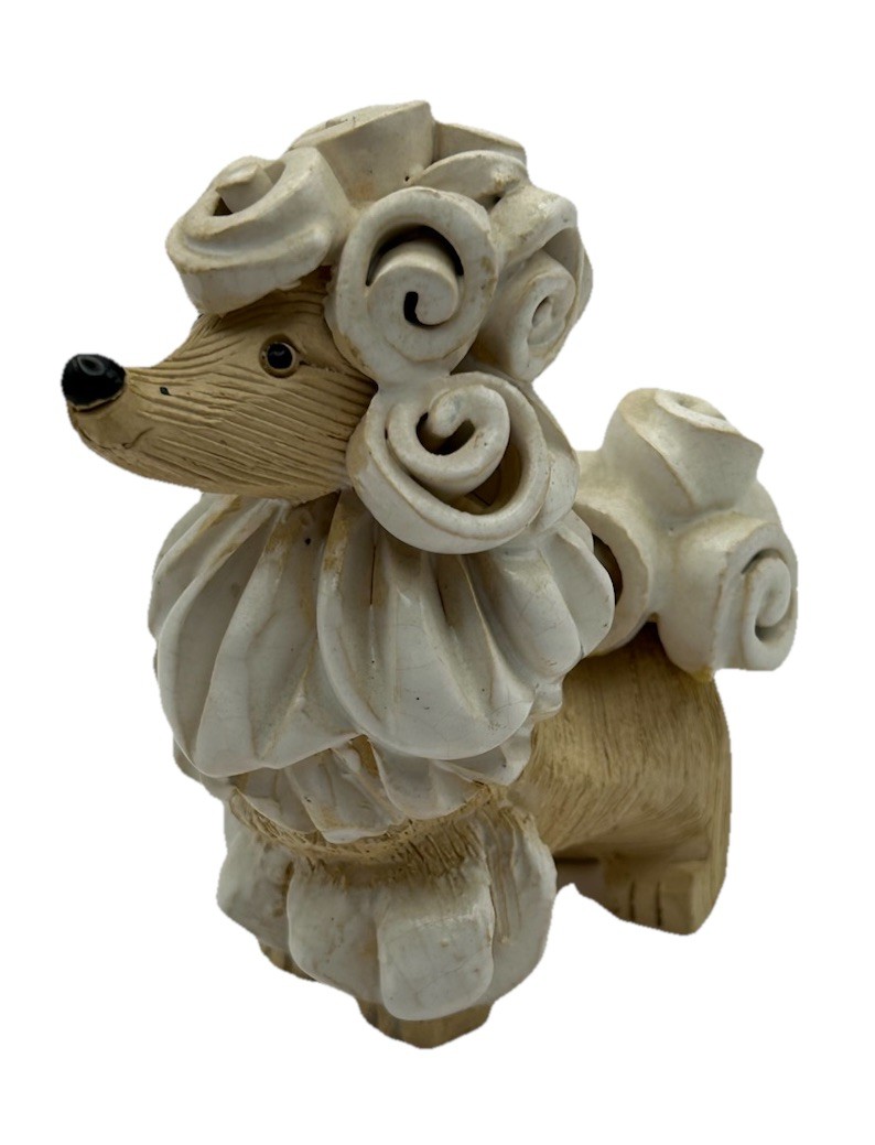 Artesania Rinconada Retired White Poodle #104 Enamel Glaze Accents Signed AR