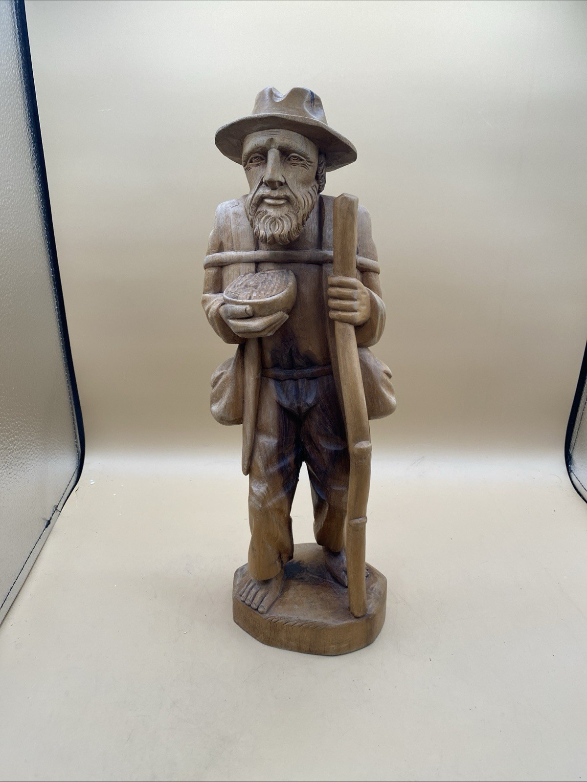 Vintage 16”Hand‑Carved Wooden Folk Art Man Figurine – Rustic Traveler Statue