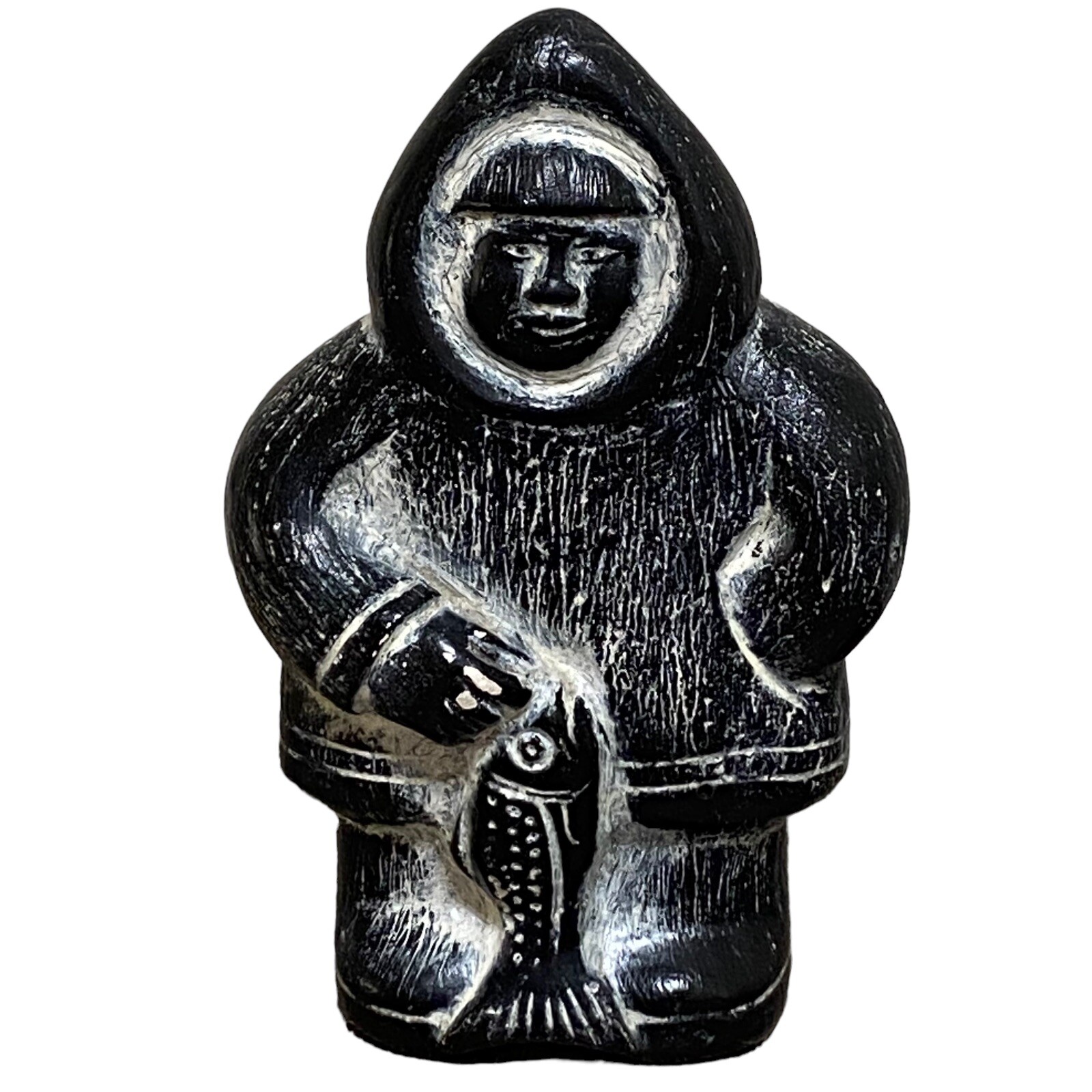 Inuit Fisher Stoneware Figurine 6.5” Vintage Eskimo Style Sculpture