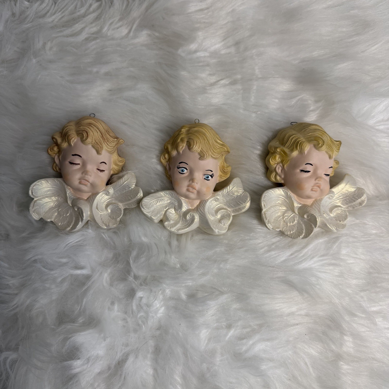 Vintage 1987 Scioto Ceramic Angel Cherub Ornament Wall Hangings Set Of 3