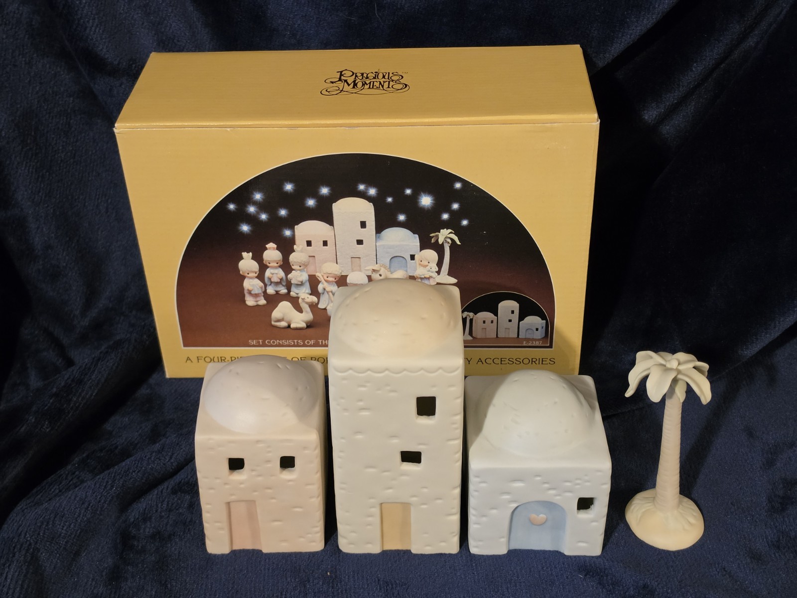 Precious Moments Nativity Buildings 4pc Set E-2387 Cedar Tree 1982