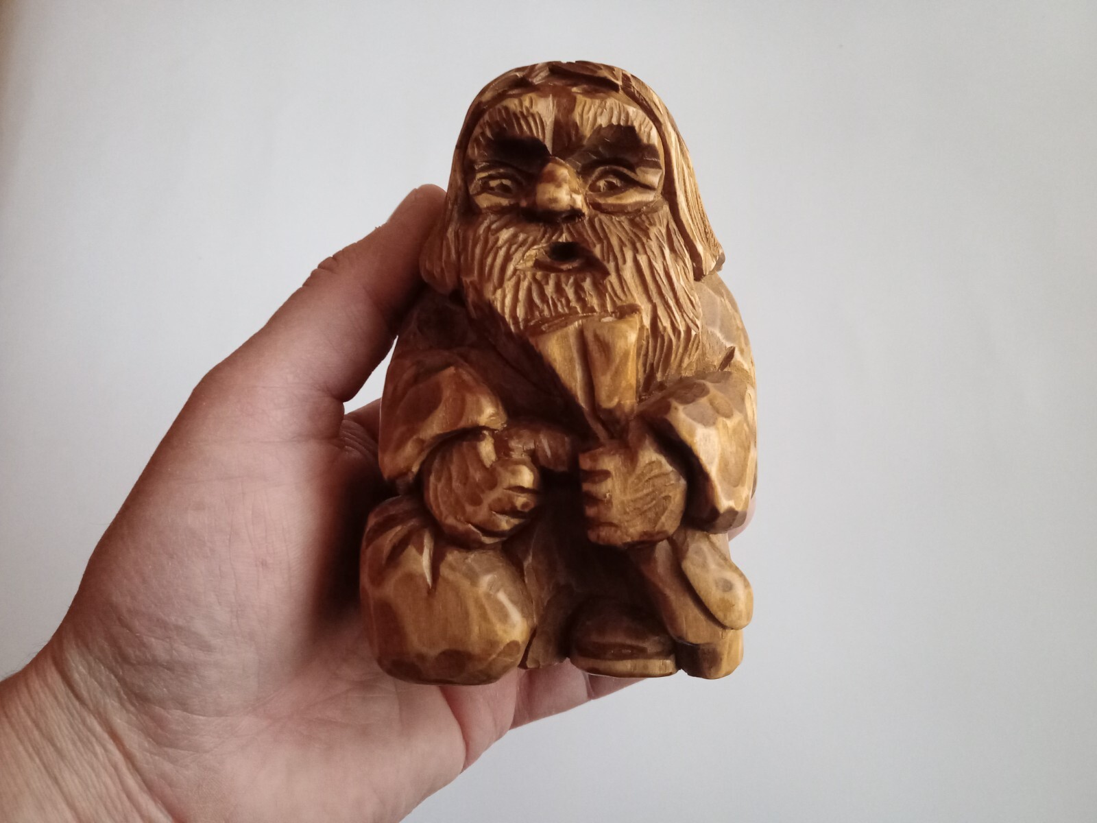 Ded Khabar Slavic spirit statue. Handmade wood treasure hunter charm
