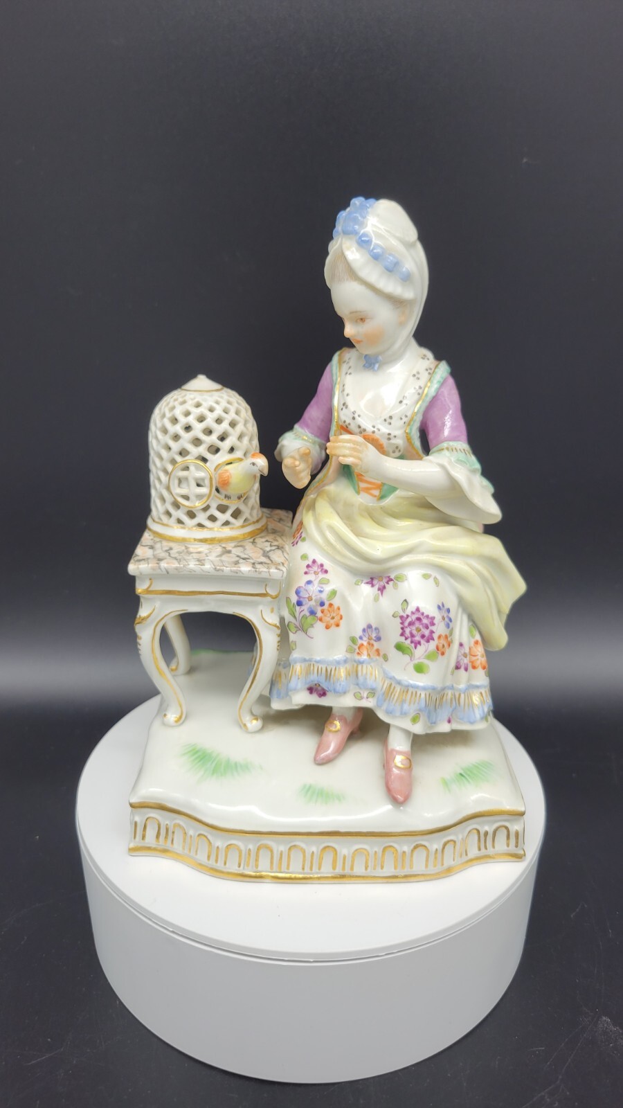 Antique Meissen Porcelain Figure Lady w/Bird Cage, Germany
