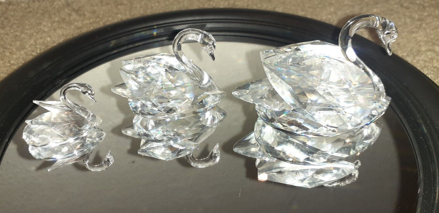 Swarovski Crystal Swans 3 big medium small mint perfect vintage retired 1980s