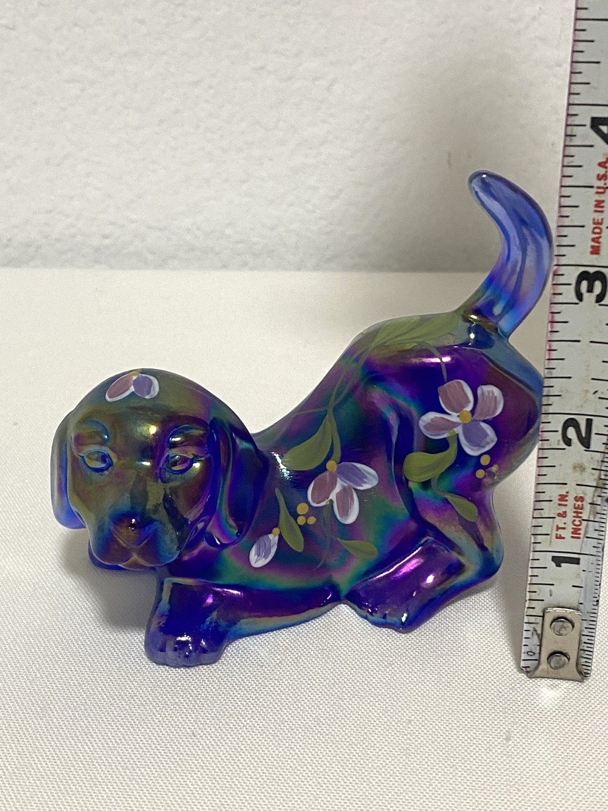 Fenton Cobalt Blue Puppy Carnival Glass Iridescent Hand Painted & Signed Vintage