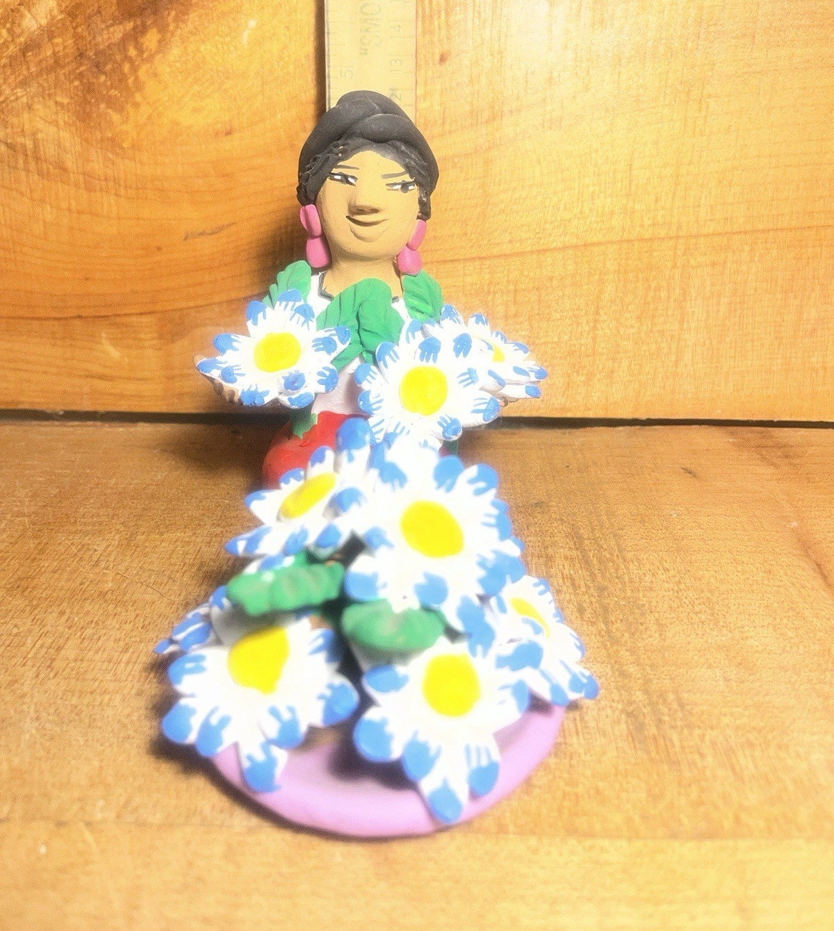 Josefina Aguilar Hand-Painted Signed Clay Woman Figurine Holding Flowers