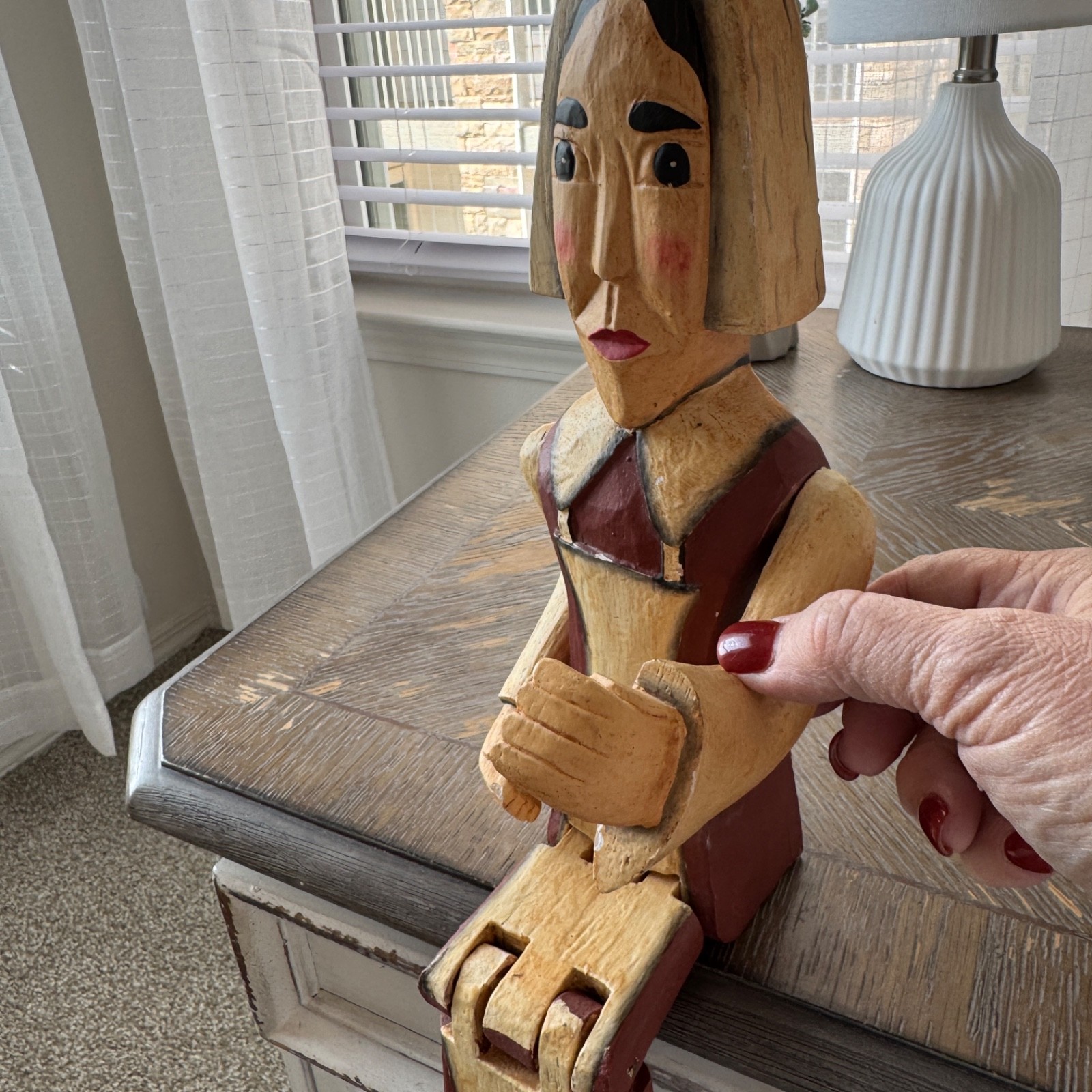 Vintage Hand Carved Wooden Female Pilgrim Jointed Figure Hang Off Mantle 16″