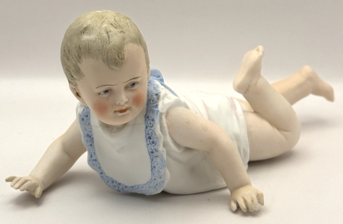 Antique PIANO BABY Bisque Porcelain Figurine 7.5″ #376 Belly Crawling Victorian
