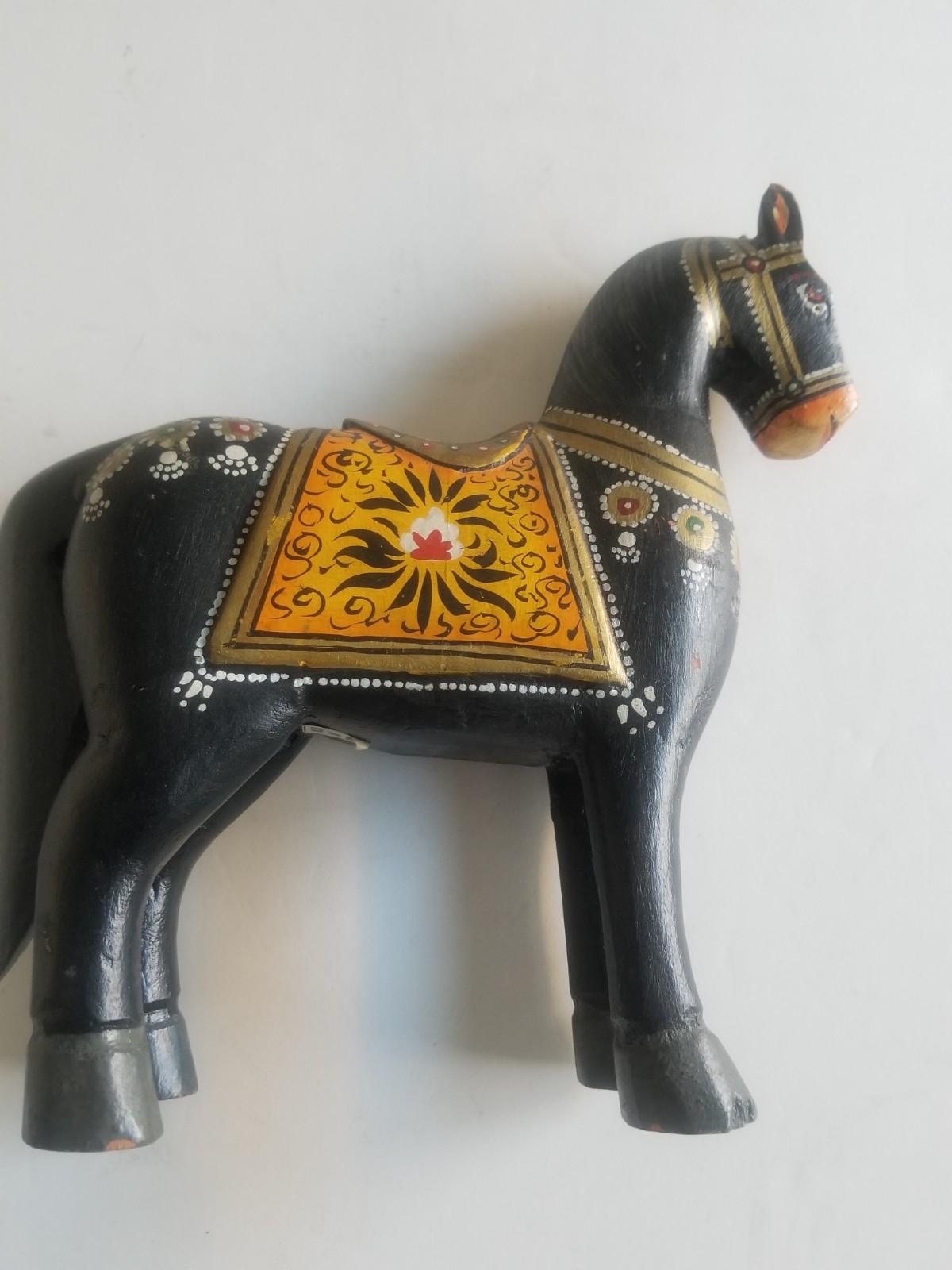 Horse Pony Wood Wooden Toy Figurine Black Gold Statue Carved Hand Painted Old