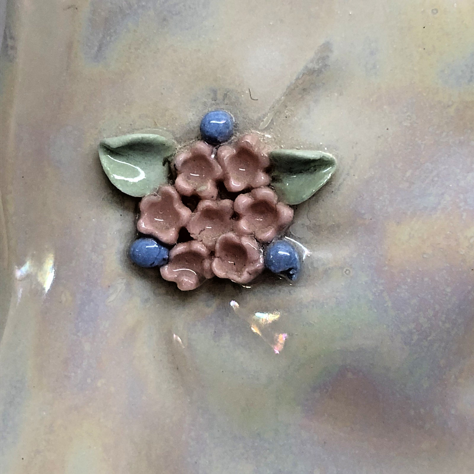 Vintage Porcelain Figurine Elegant Lady Hand Painted Applied Flowers Iridescent