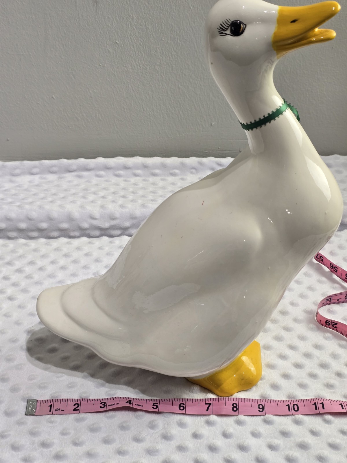 Vintage 1980’s Ceramic Goose Figurine 15″ White With Green Ribbon Bow Outdoors