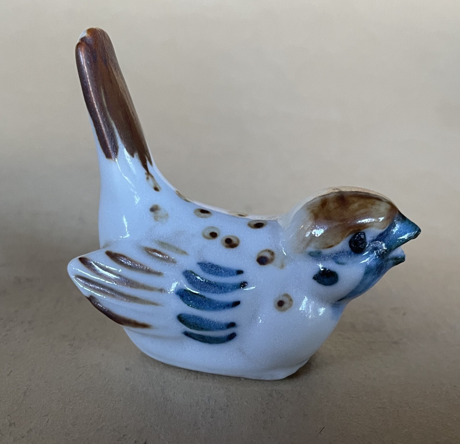 OTAGIRI BIRD Figurine JAPAN Blue Brown SPARROW Mini 2 Inch Porcelain Vintage OMC