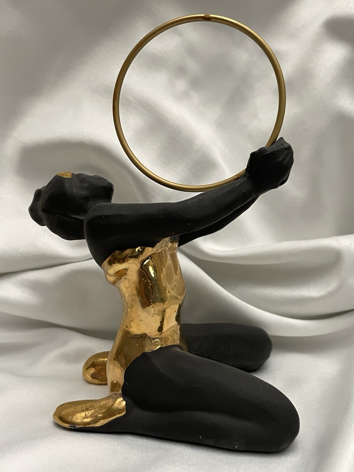 1970’s Ceramic Female Hula Hoop Dancer ~ Matte Black w/Gold-Toned Glossy Glaze