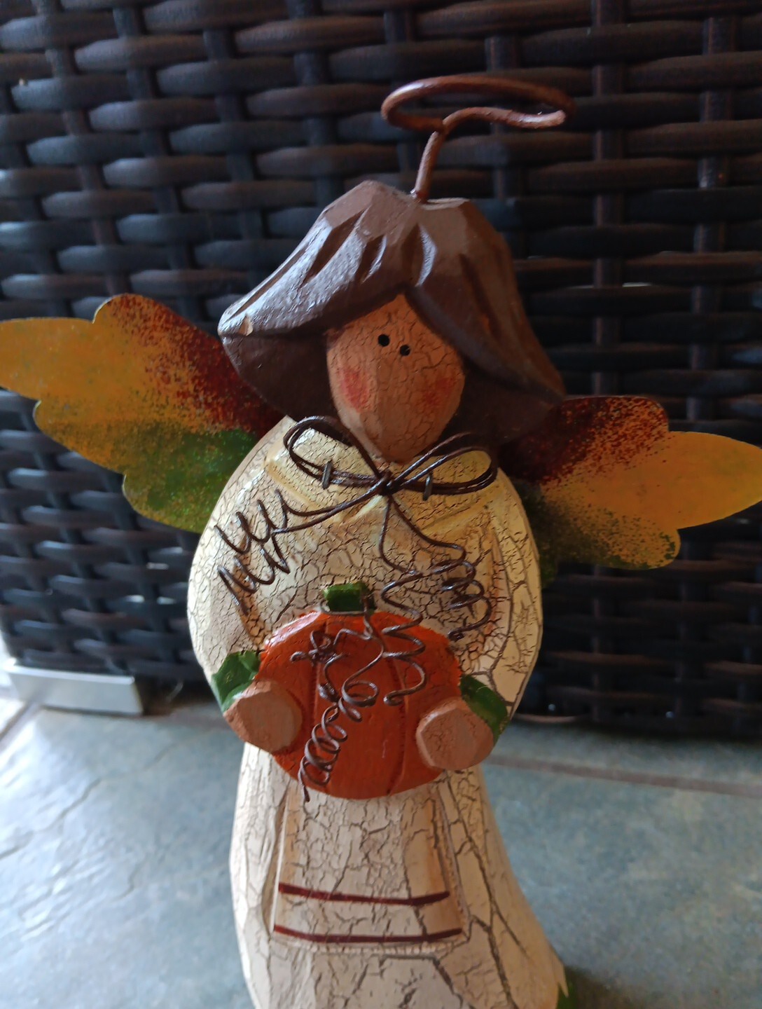 Wood Angels W/ Pumpkin Standing Fall Thanksgiving Decor 9.5″ Set Of 2