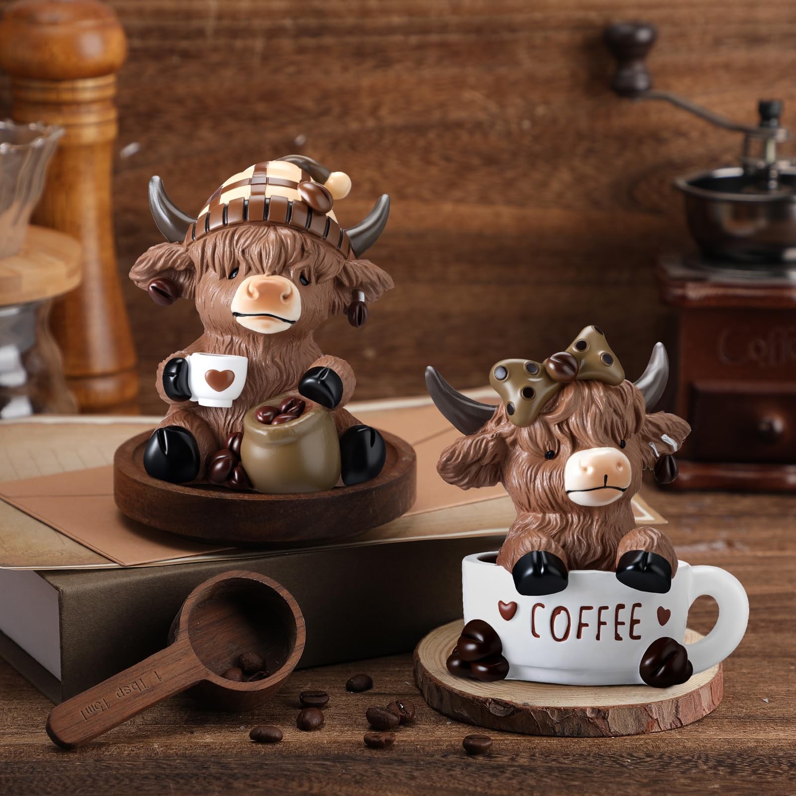 2 Pcs Highland Cow Figurines Highland Cow Gnomes Scottish Resin Statue Coffee