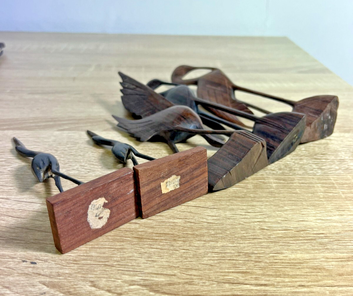Large Makonde Style Hand Carved Crane Bird Figurines Vintage African Blackwood