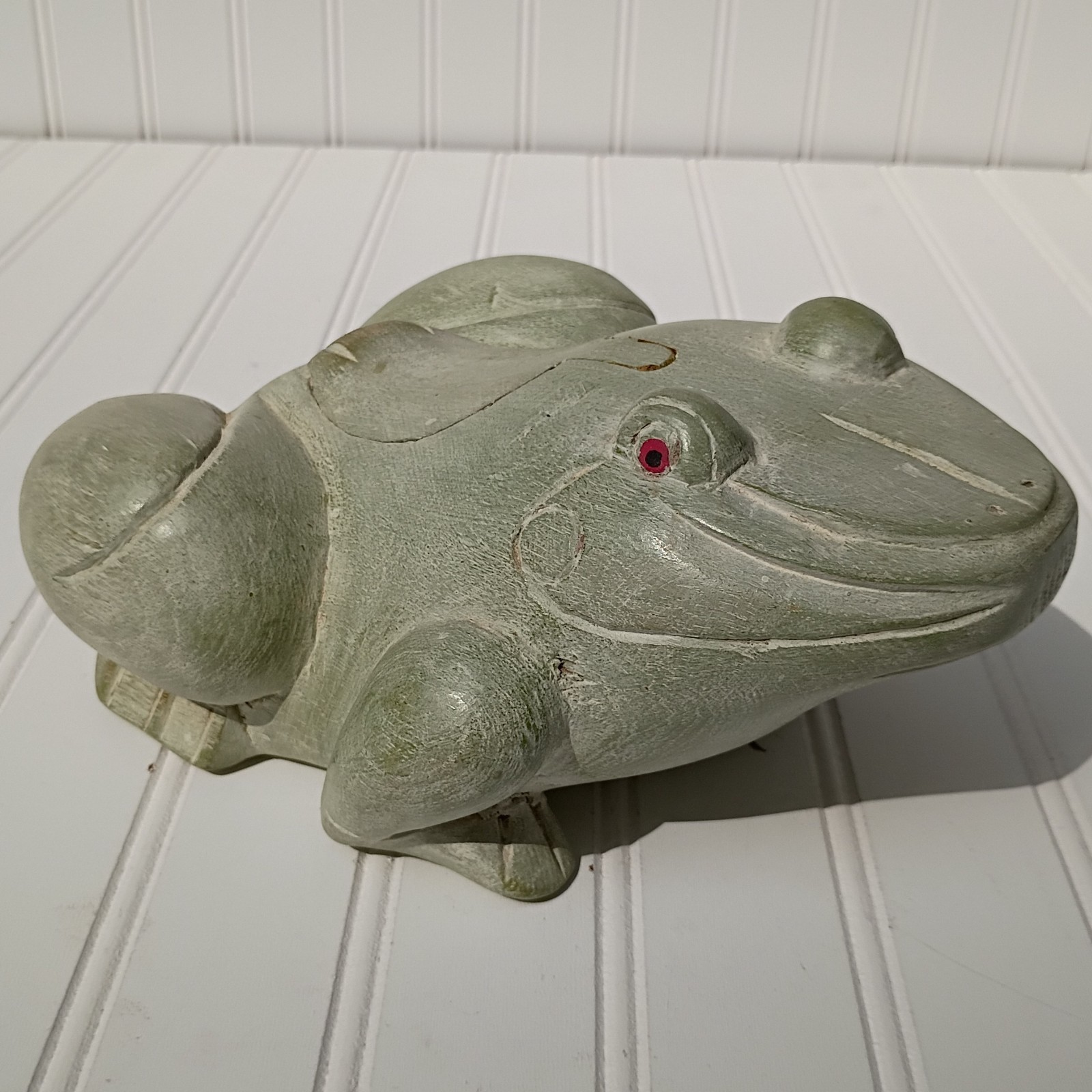 Vintage Thai Hand Carved Wood Frog Trinket Box Green Painted Folk Art Thailand