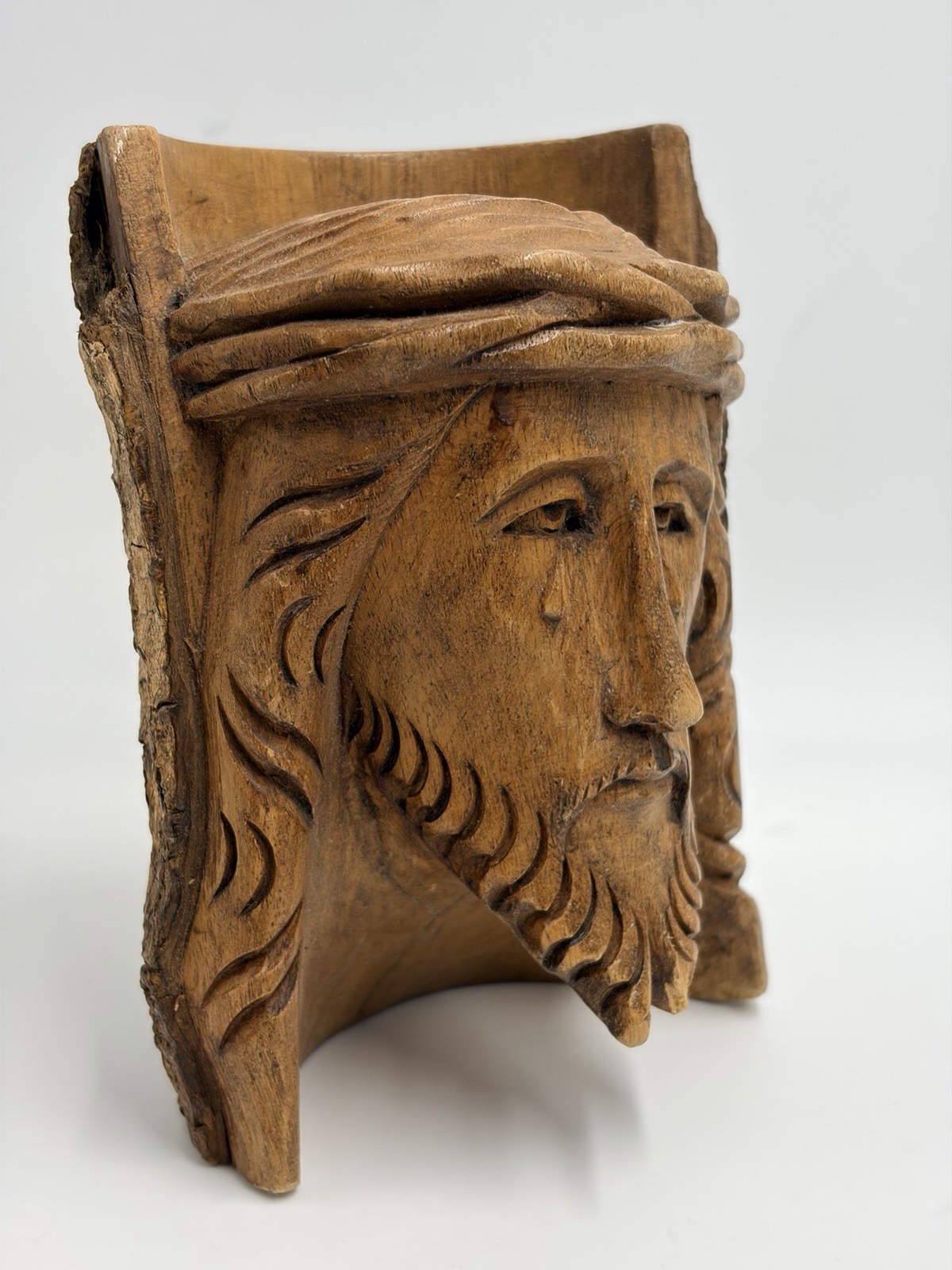 Vtg Religious Folk Art Hand Carved Live Edge Wood Jesus Christ Calvary Crown